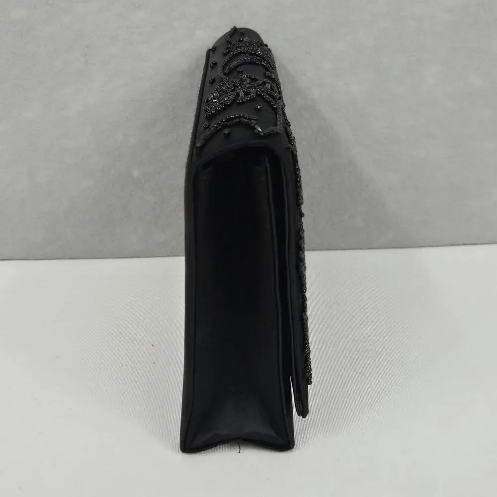 Black Beaded & Satin Square Snap Closure Clutch Purse with Corded Shoulder Strap